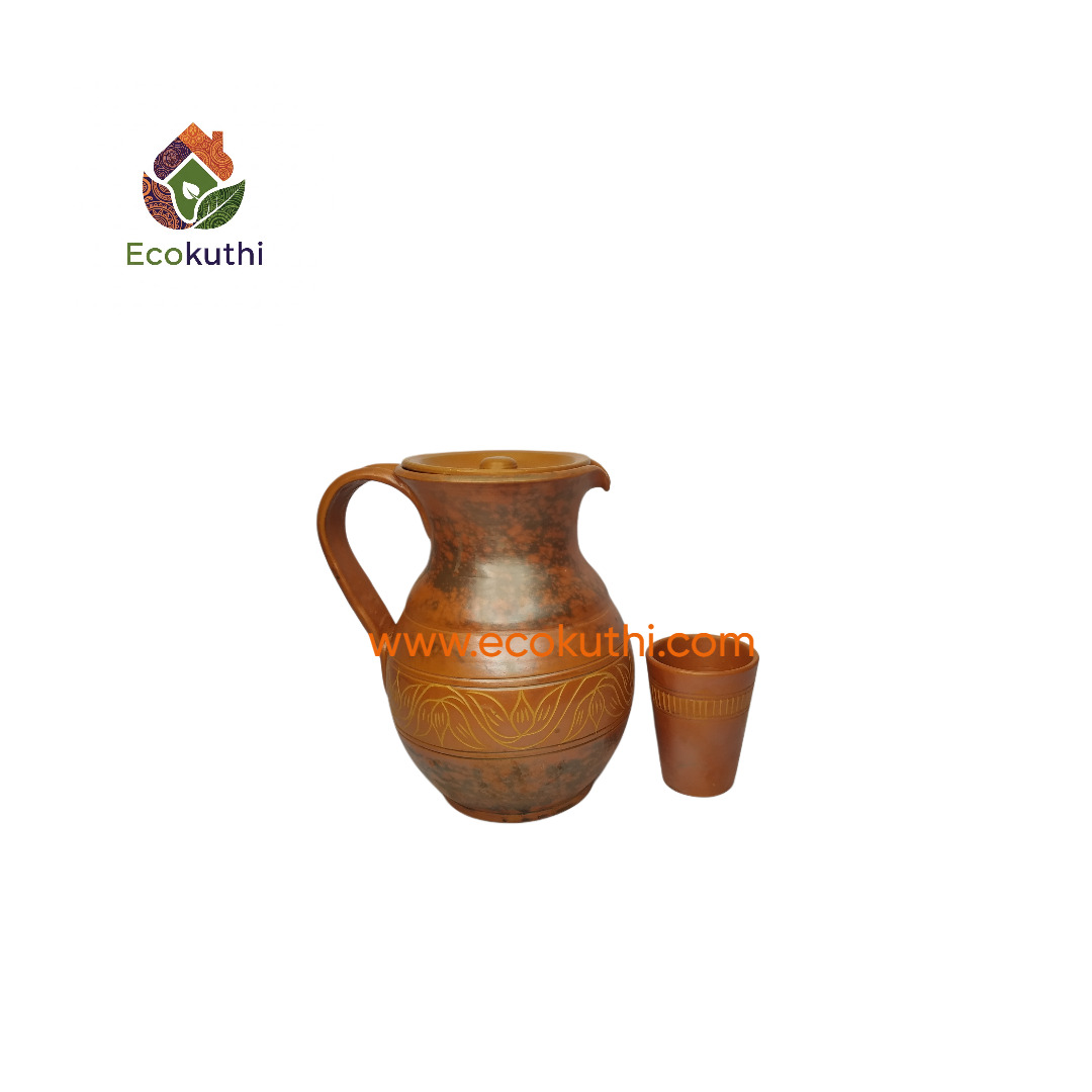 প্রিমিয়াম শাপলা ডিজাইন ৩ লিটার মাটির জগ - Premium Shapla Design 3 Litre Clay Water Jug (সাথে ১টি গ্লাস ফ্রি)